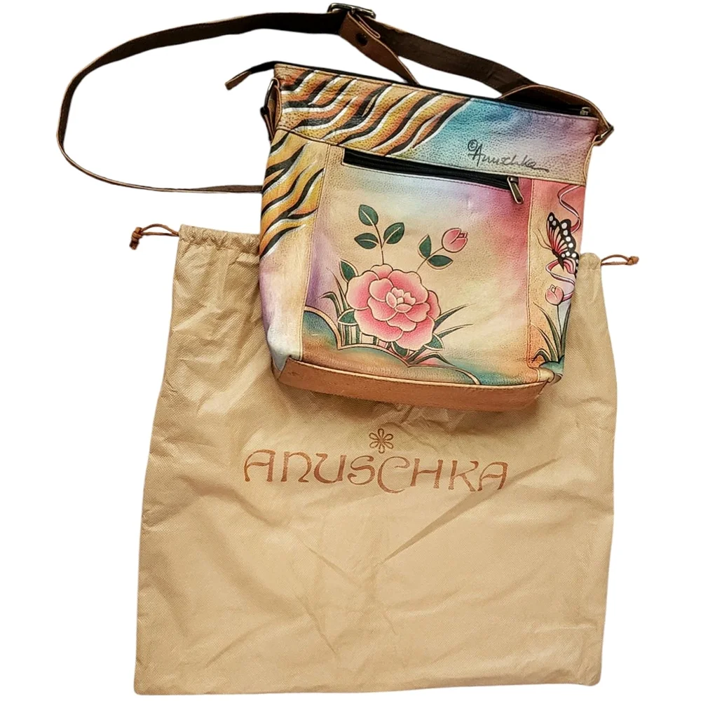 Anuschka Handbag Painted Butterfly Leather Floral Multicolor Crossbody Hobo Bag